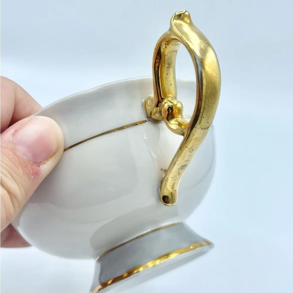 VTG Shafford Tea Cup & Saucer Grey‎ Gold Pink Floral Extra Support on Handle